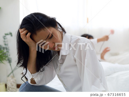 Portrait woman worry and sadness stay at home from covid-19. 67316655