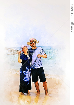 Abstract colorful young couple lover traveling on the beach at Phuket, Thailand on watercolor illustration painting background. 67316862