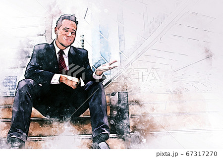 Abstract happiness business man looking smart and sitting on walking street on watercolor illustration painting background. 67317270
