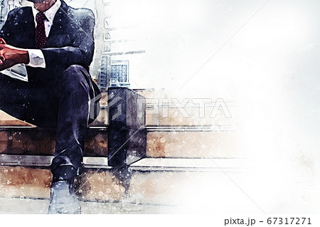 Abstract happiness business man looking smart and sitting on walking street on watercolor illustration painting background. 67317271