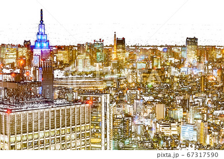 都市風景 東京都庁展望台からの都市夜景 色鉛筆 のイラスト素材
