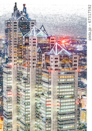 都市風景 東京都庁展望台からの都市夜景 色鉛筆 のイラスト素材