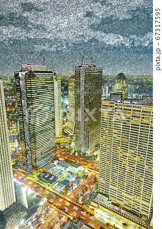 都市風景 東京都庁展望台からの都市夜景 色鉛筆 のイラスト素材