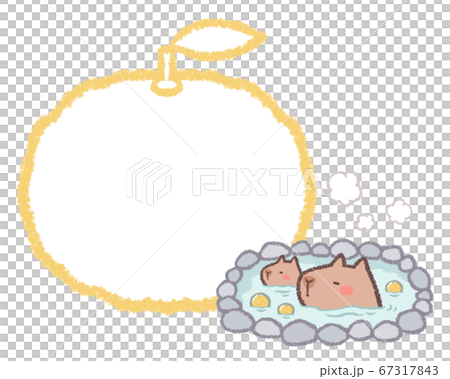 ユズ湯に入るカピバラとユズ線画フレーム 67317843