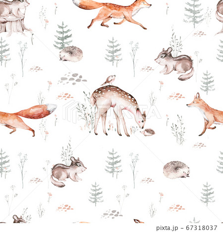 Watercolor Woodland animal Scandinavian seamless pattern. Fabric wallpaper background with Owl, hedgehog, fox and butterfly, rabbit forest squirrel and chipmunk, bear and bird baby animal, Watercolor Woodland animal Scandinavian seamless pattern. Fabric wallpaper background with Owl, hedgehog, fox and butterfly, rabbit forest squirrel and chipmunk, bear and bird baby animal, 67318037