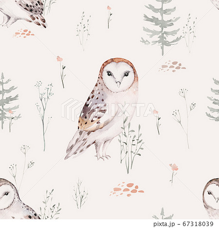 Watercolor Woodland animal Scandinavian seamless pattern. Fabric wallpaper background with Owl, hedgehog, fox and butterfly, rabbit forest squirrel and chipmunk, bear and bird baby animal, Watercolor Woodland animal Scandinavian seamless pattern. Fabric wallpaper background with Owl, hedgehog, fox and butterfly, rabbit forest squirrel and chipmunk, bear and bird baby animal, 67318039