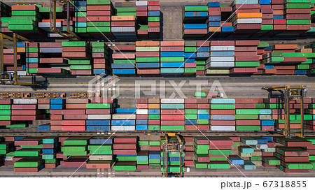 Aerial view of area with stacked containers at the 67318855