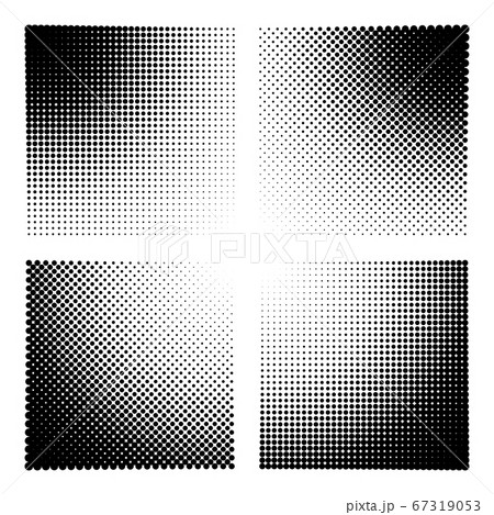 Four halftone effect templates for backgrounds. Radial and angular halftone effects of parallel and intersecting rows of dots. Vector illustration 67319053