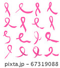Symbols of breast cancer awareness. Collection of sixteen hand drawn pink ribbon signs isolated on a white background. A vector illustration 67319088
