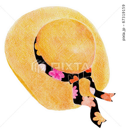 色鉛筆で描いた 花柄のリボンが可愛い 夏の麦わら帽子のイラスト素材