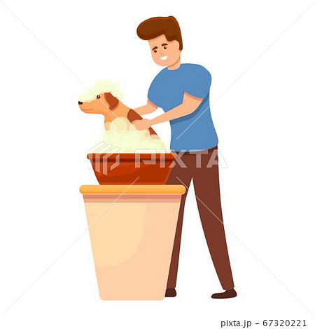 Groomer boy wash dog icon, cartoon style 67320221