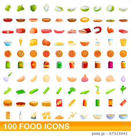 100 food icons set, cartoon style 67323041