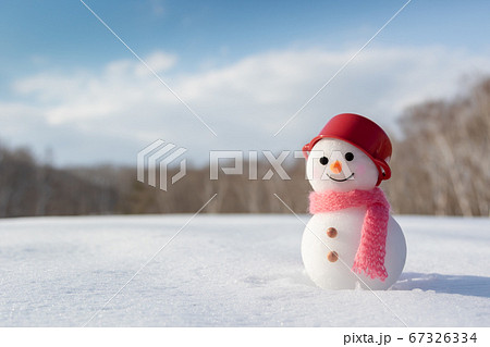 冬晴れの雪原と手作り雪だるまの写真素材