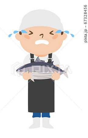 カツオを持って泣いてる魚屋さんのイラスト のイラスト素材