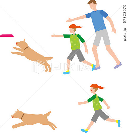 フライングディスクで遊ぶ犬と親子のイラスト素材