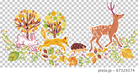 秋の紅葉や落ち葉や動物のイラスト 67329174
