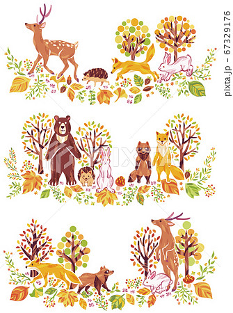 秋の紅葉や落ち葉や動物のイラストセットのイラスト素材