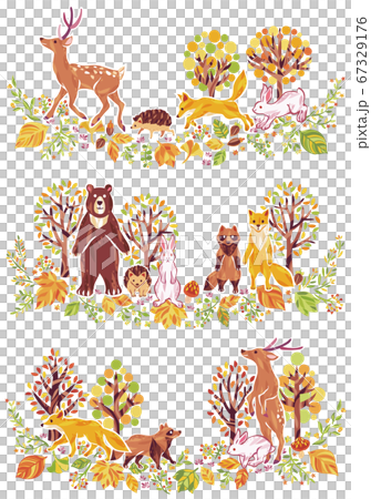 秋の紅葉や落ち葉や動物のイラストセットのイラスト素材
