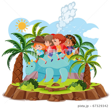 Kids ride cute dinosaur with volcano eruption Kids ride cute dinosaur with volcano eruption 67329342