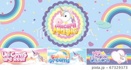 Cute unicorn banner on pastel background color 67329373