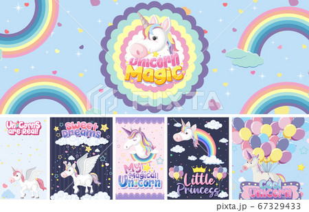Cute unicorn banner on pastel background color Cute unicorn banner on pastel background color 67329433