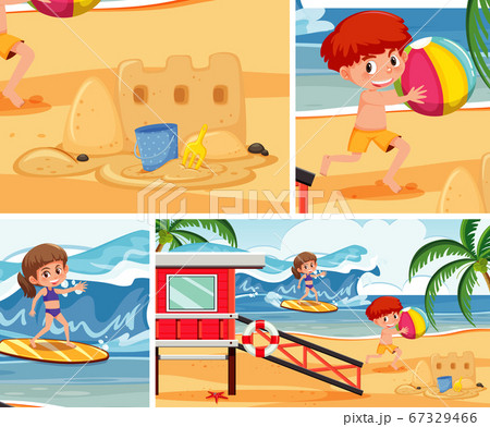 Summer beach with children background set Summer beach with children background set 67329466
