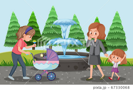Parents take their children and baby stroller to 67330068