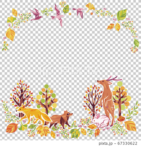 秋の紅葉や落ち葉や動物のイラストフレームのイラスト素材
