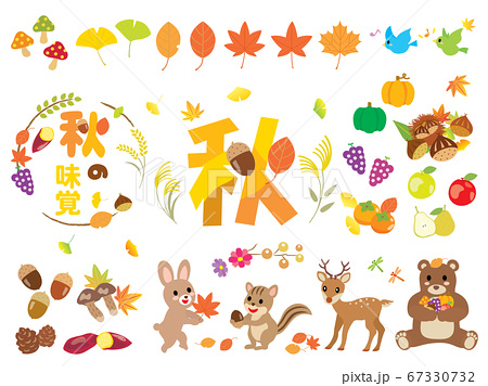 秋の葉っぱや食べ物とかわいい森の動物たちのセットイラストのイラスト素材