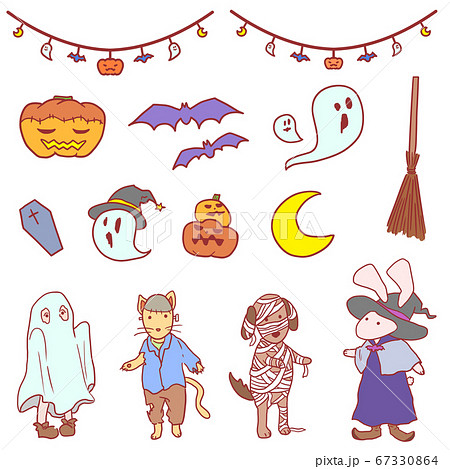 動物たちのハロウィーン ベタ塗り イラストセットのイラスト素材