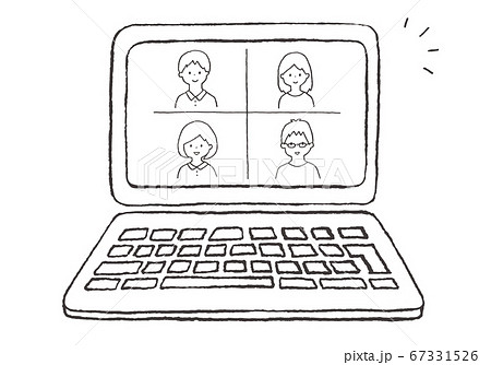 オンラインミーティングの手描きイラスト ノートパソコン のイラスト素材