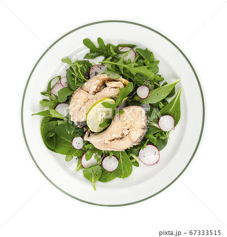 Canned fish with greens on plate isolated on white 67333515