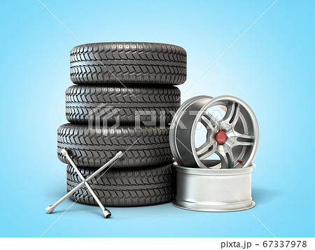 tire fitting concept car wheels in stack 3d 67337978
