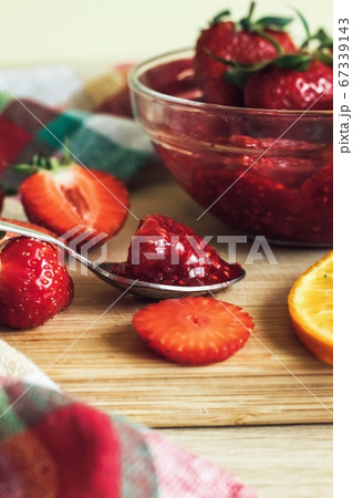 Food art. Tasty composition with strawberry and jam. Sweet summer taste Food art. Tasty composition with strawberry and jam. Sweet summer taste 67339143