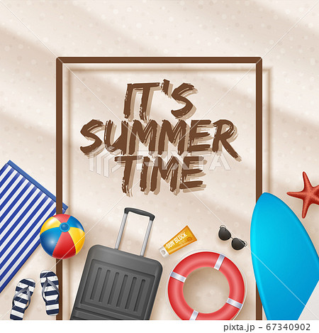Vector Summer Holiday Illustration with Beach Ball, Palm Leaves, Surf Board and Typography Letter on Beach Sands Background. 67340902
