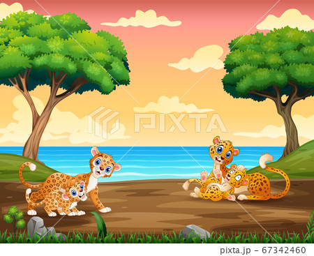 Cartoon leopard playing with her cub at at the zoo 67342460