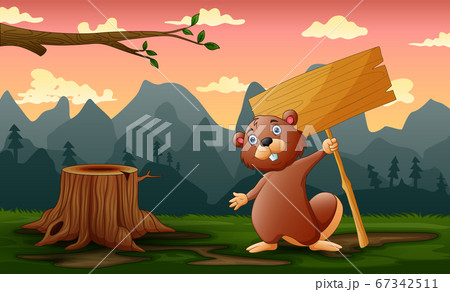 A beaver holding wooden sign in the field A beaver holding wooden sign in the field 67342511