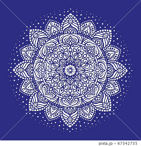 White mandala on a blue background.   67342735