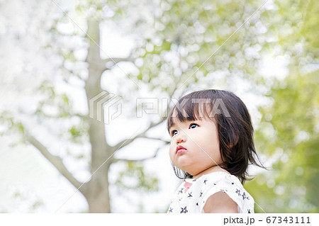 新緑の木々を背景に遠くを見つめる幼い女の子の写真素材