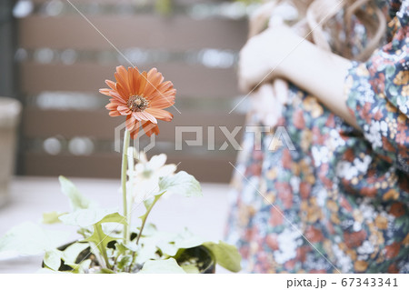 ドライフラワーと花柄のワンピースの巻き髪の女性と植物のフォトジェニックな写真の写真素材