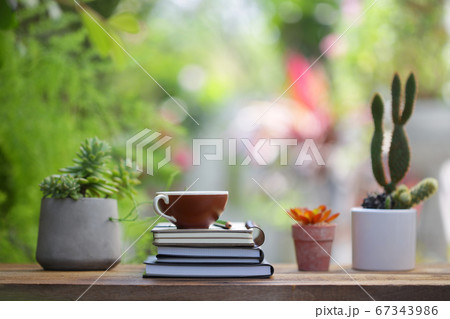 Brown coffee cup with notebooks and plants at outdoor 67343986