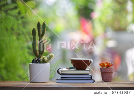 Notebooks with pencil and cactus in white pot on wooden table at outdoor  67343987