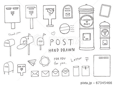 郵便ポストや手紙にまつわる手描きイラストのイラスト素材