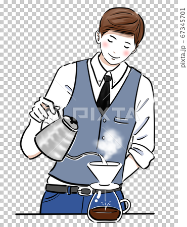 コーヒーを入れる笑顔の男性バリスタのイラスト素材 コーヒーを入れる笑顔の男性バリスタのイラスト素材