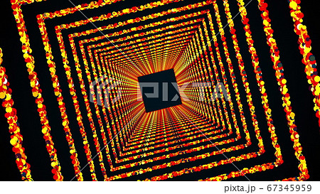 Square rings of colorful round particles form an endless tunnel, computer generated. 3d rendering of bright shiny background 67345959