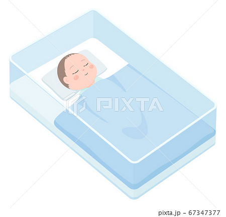 病院のベッドで寝ている新生児のイラスト 青のイラスト素材