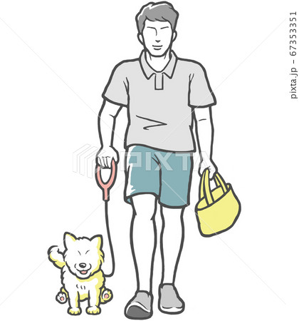 犬の散歩をする若い男性のイラスト素材