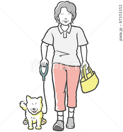 犬の散歩をする中年女性のイラスト素材