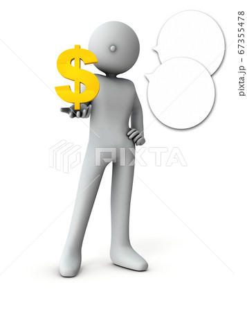 経済を語る投資家。大きな通貨記号を見せるキャラクター。3Dレンダリング。 経済を語る投資家。大きな通貨記号を見せるキャラクター。3Dレンダリング。 67355478