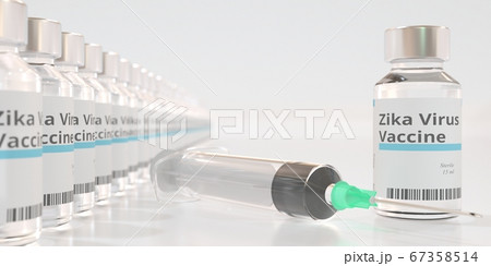Vials with zika virus vaccine and a syringe. 3D rendering Vials with zika virus vaccine and a syringe. 3D rendering 67358514